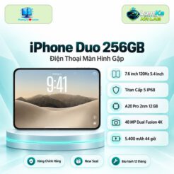 iPhone Duo trên đế tròn với nền công nghệ phía sau