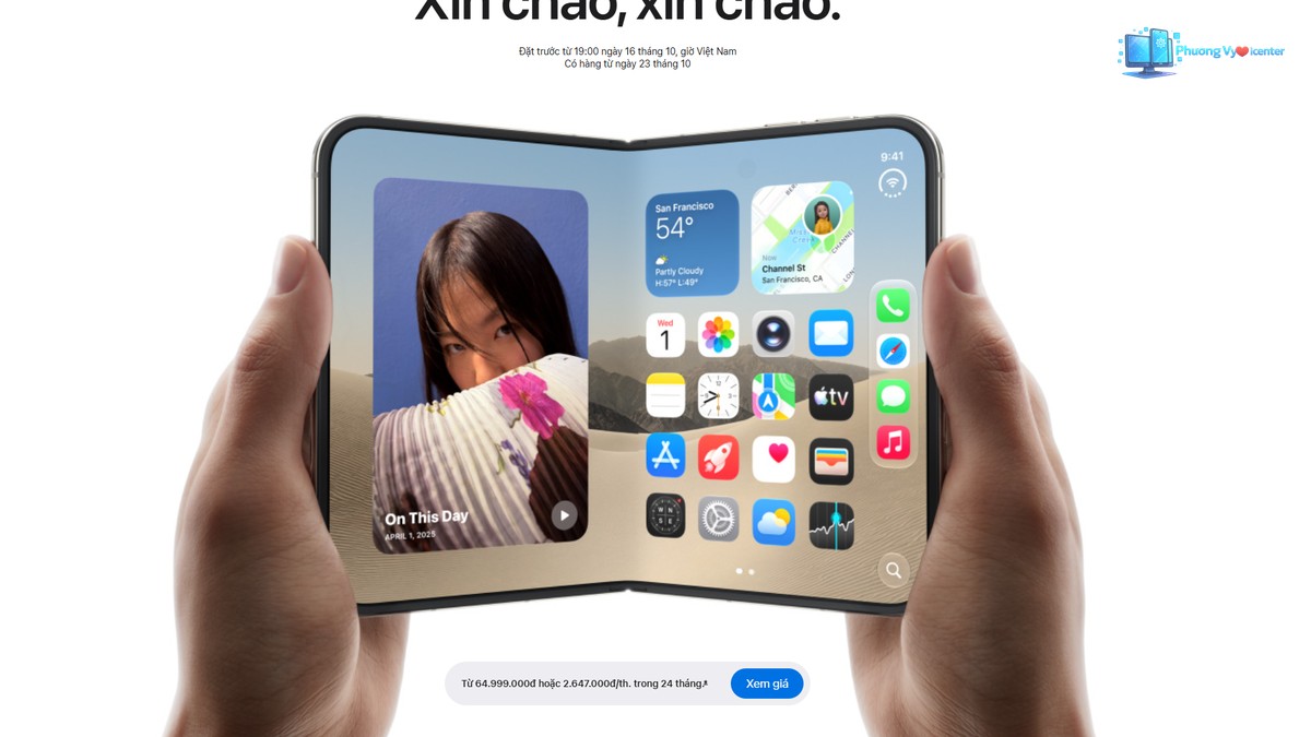 iPhone Duo 256GB – hai tay cầm điện thoại mở gập, màn hình hiển thị ứng dụng và ảnh.
