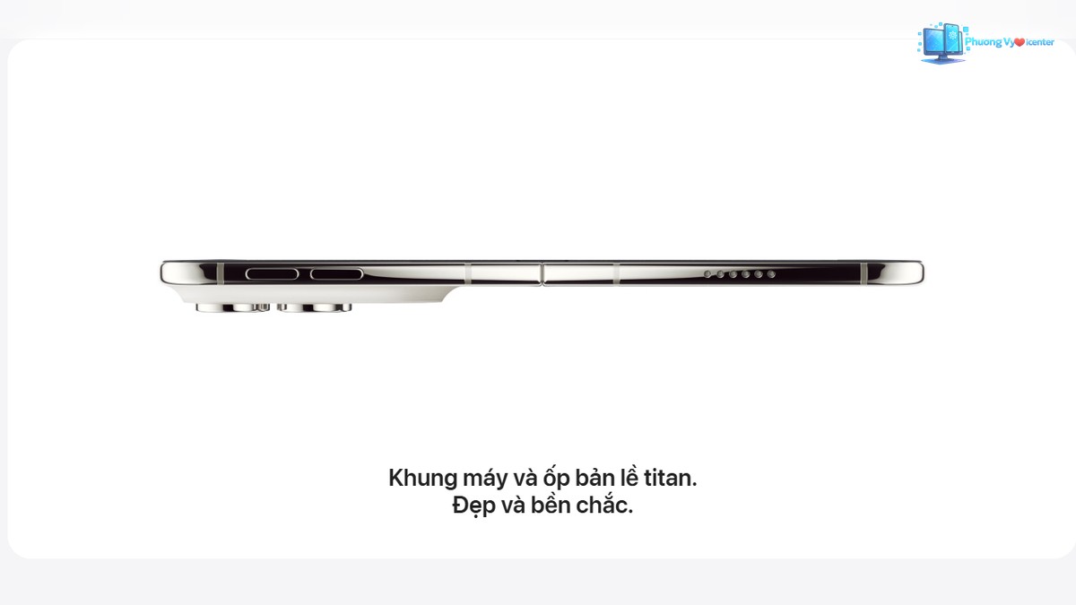 iPhone Duo 256GB – cạnh bên điện thoại với nút bấm, đường nối bản lề và cụm camera nhô ra.