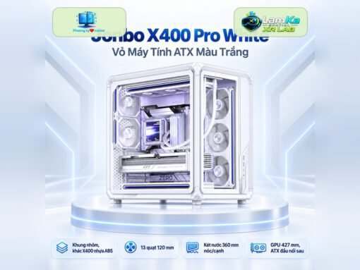 Vỏ máy tính Jonsbo X400 PRO White trên đế tròn với nền phong cách công nghệ