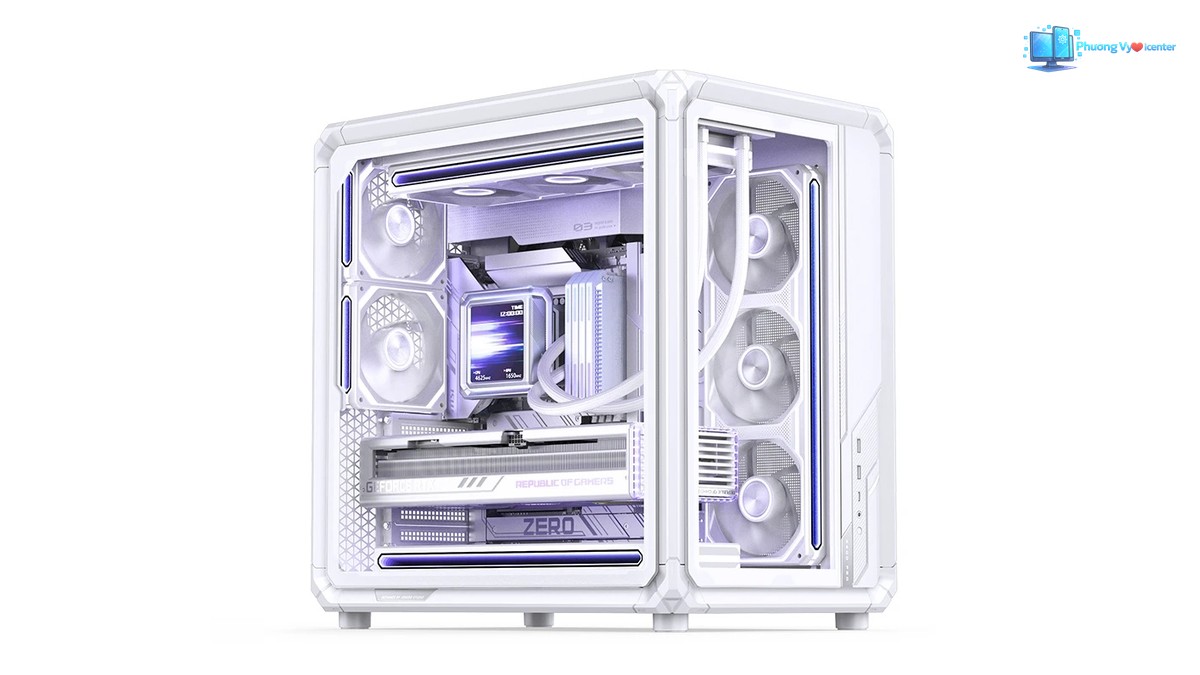 Jonsbo X400 PRO White nhìn nghiêng, thấy linh kiện và quạt qua hai mặt kính