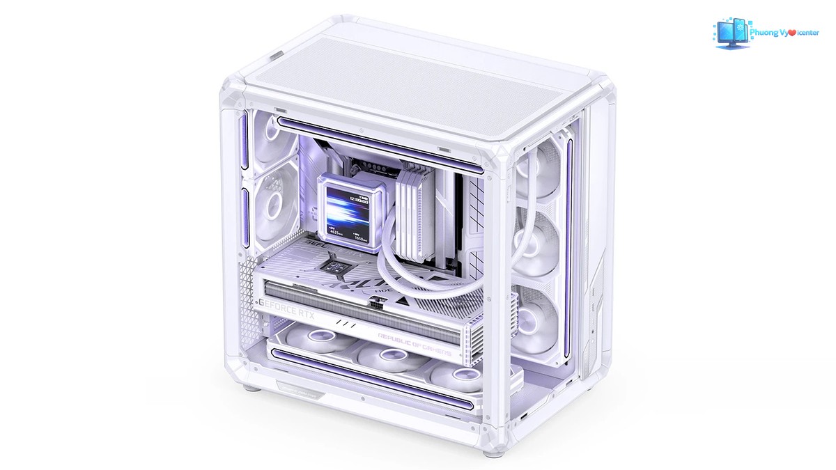 Jonsbo X400 PRO White nhìn nghiêng từ trên, thấy nóc lưới và linh kiện trắng bên trong