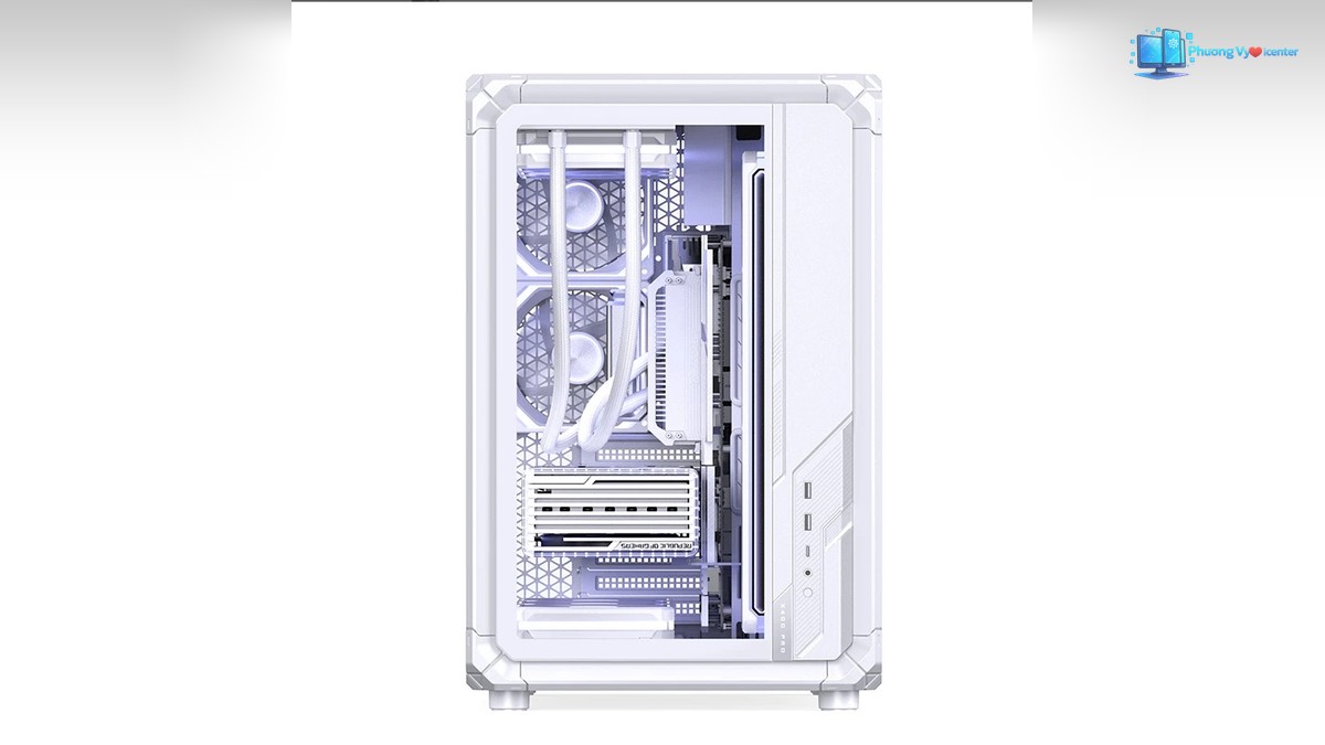 Jonsbo X400 PRO White nhìn thẳng mặt trước, thấy linh kiện và dãy cổng ở mép phải