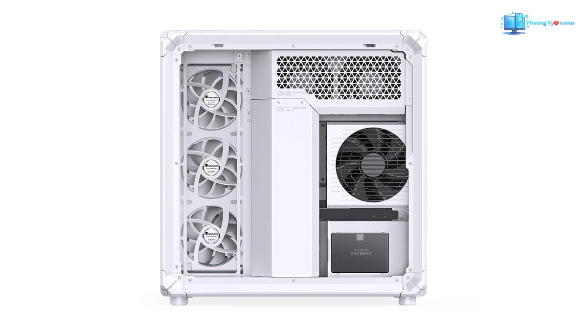 Jonsbo X400 PRO White nhìn thẳng khoang bên, thấy ba quạt, bộ nguồn và ổ lưu trữ