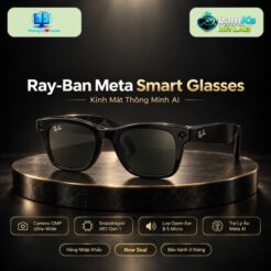 Kính Ray-Ban Meta Skyler đặt trên đế tròn với phông nền công nghệ