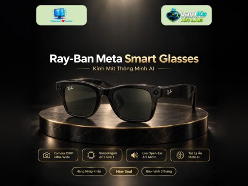 Kính Ray-Ban Meta Skyler đặt trên đế tròn với phông nền công nghệ