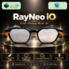 Kính AI RayNeo iO trên đế tròn với nền công nghệ