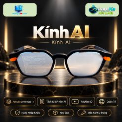 Kính AI RayNeo IO gọng đen đặt trên hộp sản phẩm