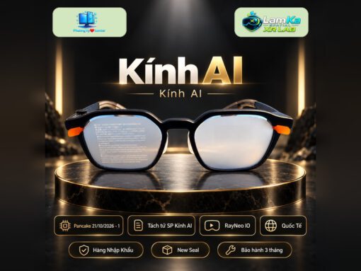 Kính AI RayNeo IO gọng đen đặt trên hộp sản phẩm