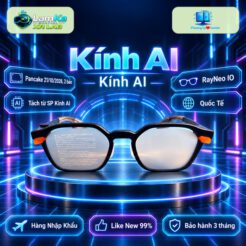 Kính AI RayNeo IO gọng đen đặt trên hộp mở cùng bao đựng màu nâu