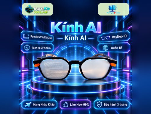 Kính AI RayNeo IO gọng đen đặt trên hộp mở cùng bao đựng màu nâu