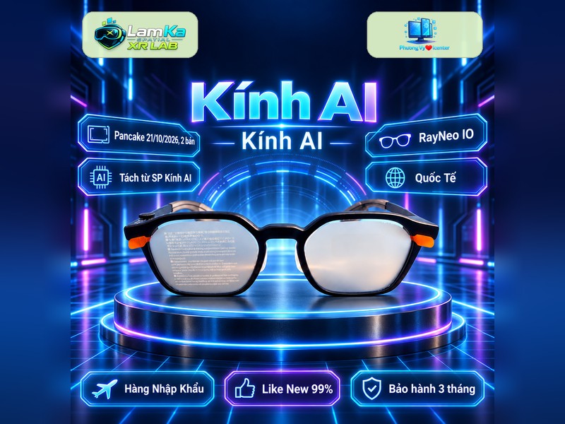 Kính AI RayNeo IO gọng đen đặt trên hộp mở cùng bao đựng màu nâu