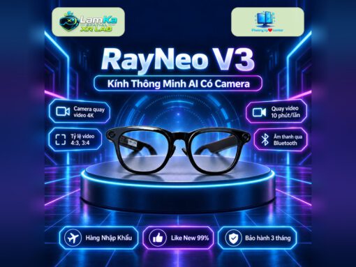 Kính thông minh RayNeo V3 đặt trên đế tròn với nền công nghệ