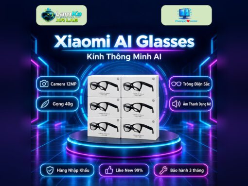 Kính thông minh Xiaomi AI Glasses trên đế tròn với phông nền công nghệ