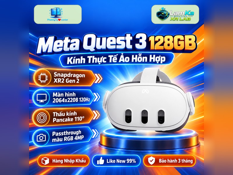 Kính Meta Quest 3 trên đế tròn với nền công nghệ