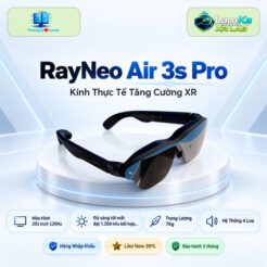 Kính XR RayNeo Air 3s Pro đặt trên đế tròn với nền công nghệ phía sau