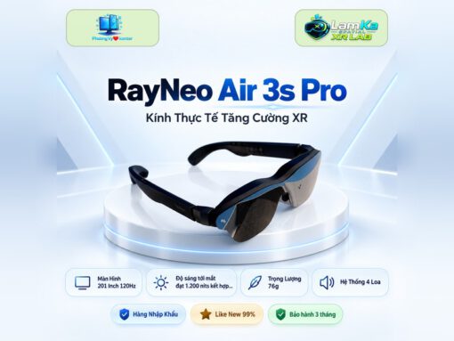 Kính XR RayNeo Air 3s Pro đặt trên đế tròn với nền công nghệ phía sau
