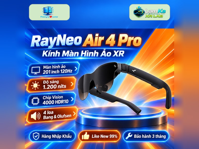 Kính XR RayNeo Air 4 Pro trên đế tròn với phông nền công nghệ