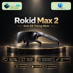 Kính XR Rokid Max 2 đặt trên đế tròn với nền công nghệ