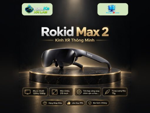 Kính XR Rokid Max 2 đặt trên đế tròn với nền công nghệ