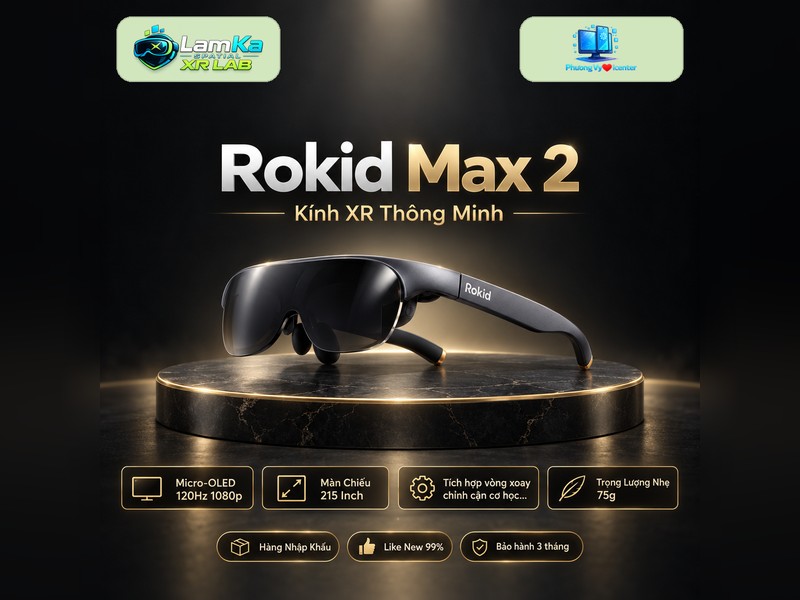 Kính XR Rokid Max 2 đặt trên đế tròn với nền công nghệ