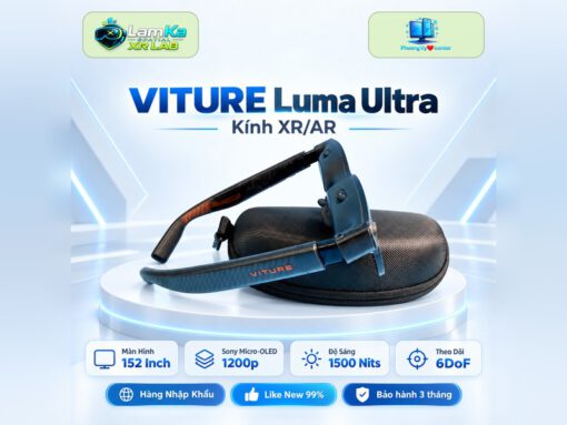 Kính XR VITURE Luma Ultra đặt trên đế tròn với nền công nghệ