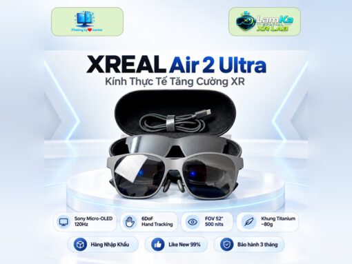 Kính XREAL Air 2 Ultra trên đế tròn với nền công nghệ