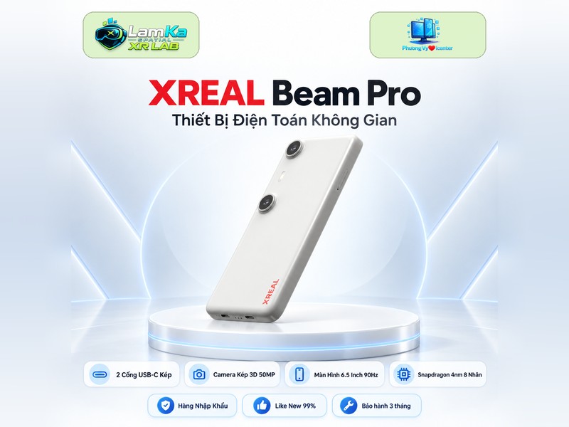 Bộ phát XREAL Beam Pro trên đế tròn với phông nền công nghệ