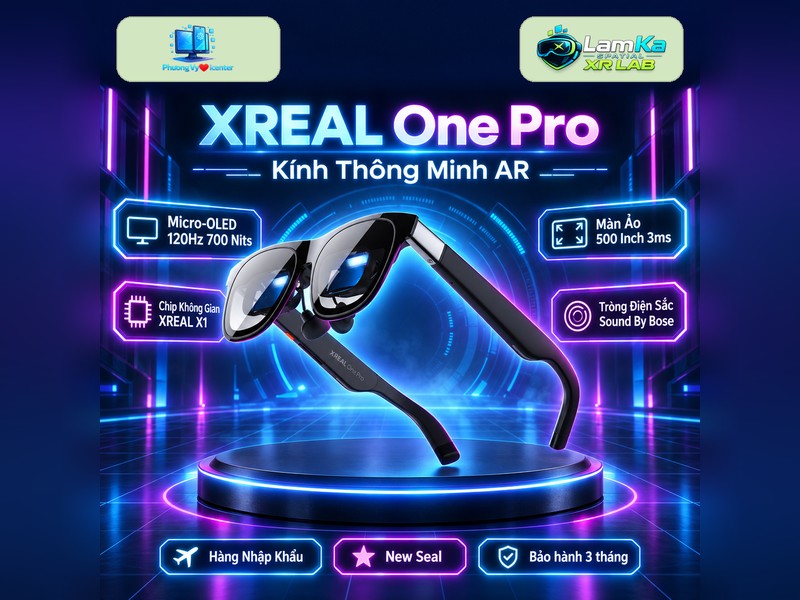 Kính XREAL One Pro trên đế tròn với nền công nghệ