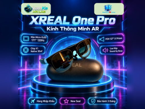 Kính XREAL One Pro trên đế tròn với nền phong cách công nghệ