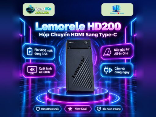 Hộp chuyển đổi Lemorele HD200 đặt trên đế tròn với nền công nghệ