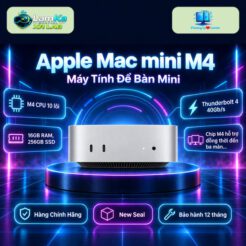 Apple Mac mini M4 màu bạc trên đế tròn với nền công nghệ
