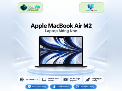 Laptop Apple MacBook Air M2 trên đế tròn với nền công nghệ