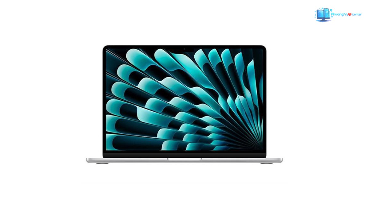 MacBook Air 13 inch M4 mở nhìn chính diện, vỏ sáng màu và màn hình nền xanh ngọc