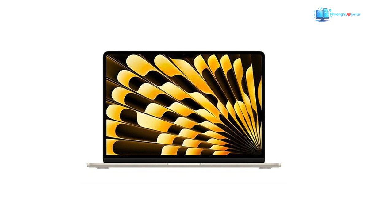 MacBook Air 13 inch M4 vỏ sáng màu nhìn chính diện, màn hình hiển thị họa tiết vàng