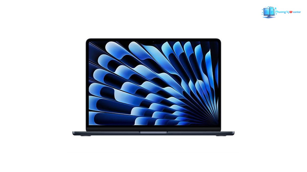 MacBook Air 13 inch M4 vỏ tối màu nhìn chính diện, màn hình hiển thị họa tiết xanh dương