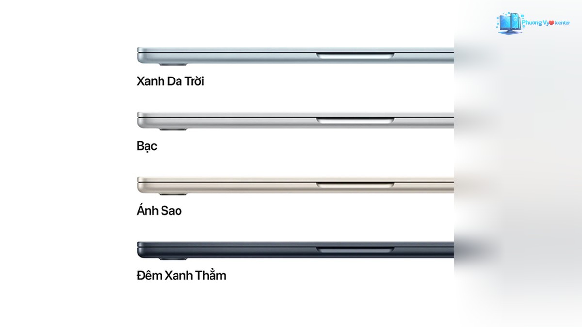 MacBook Air 13 inch M4 với bốn máy đóng nắp nhìn ngang, kèm nhãn tên màu