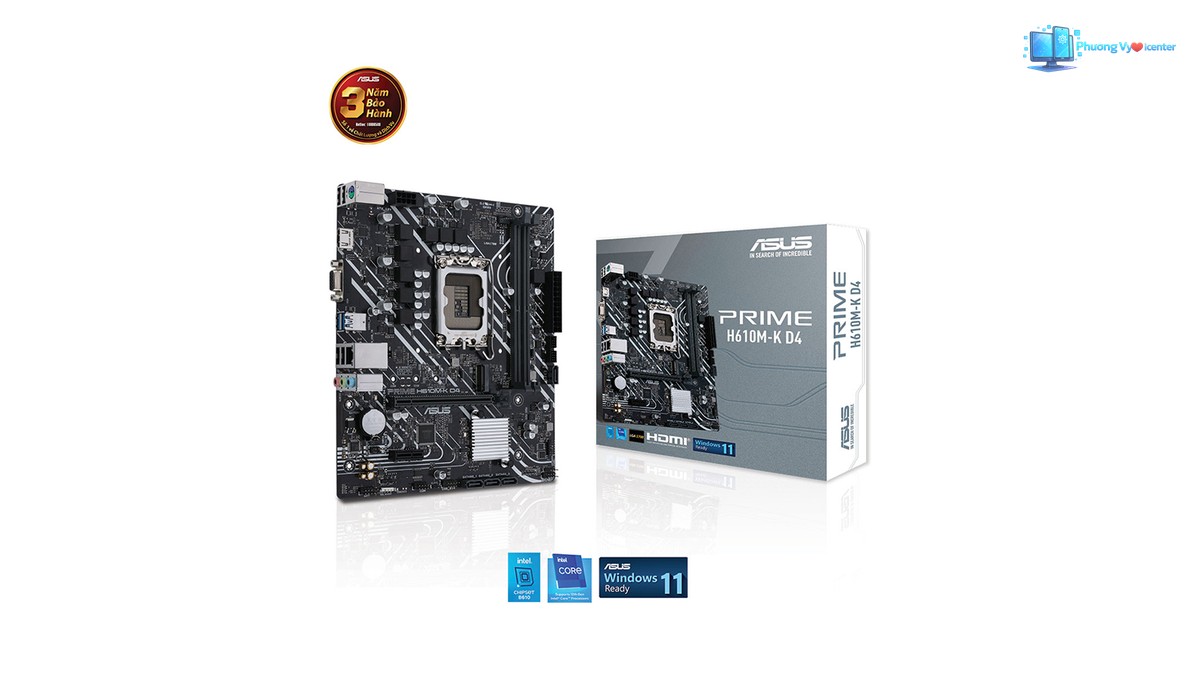 Bo mạch chủ ASUS PRIME H610M-K D4 đặt cạnh hộp sản phẩm trên nền trắng