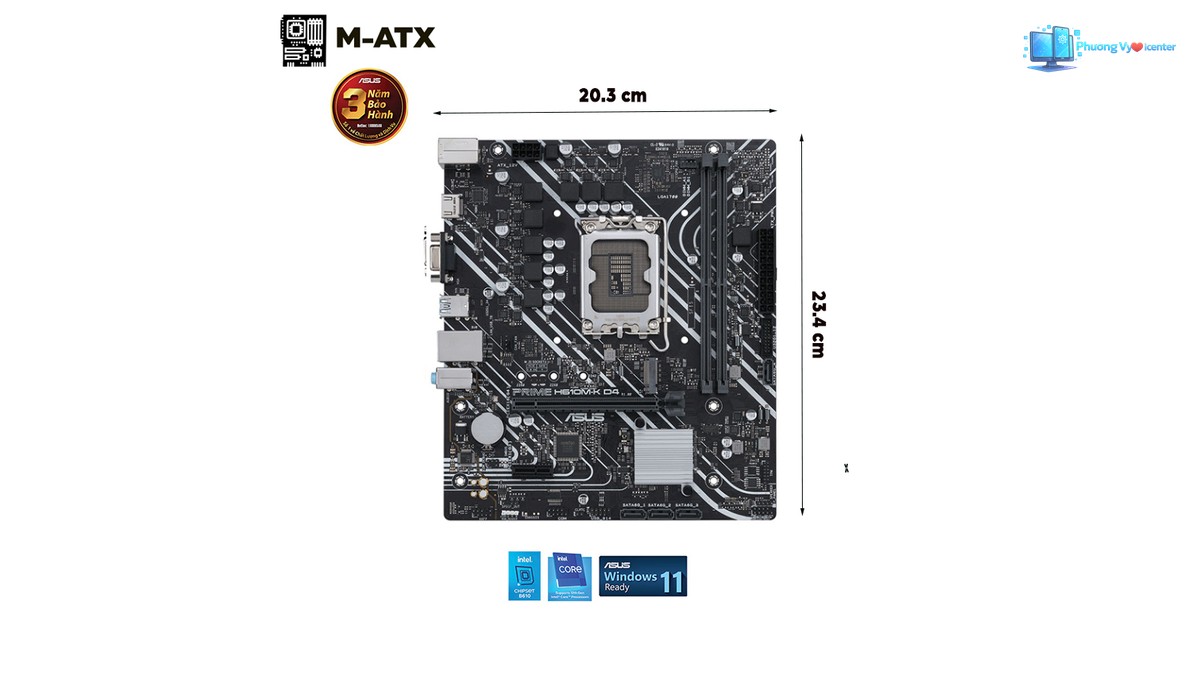 ASUS PRIME H610M-K D4 nhìn từ mặt chính, kèm chú thích kích thước bo mạch