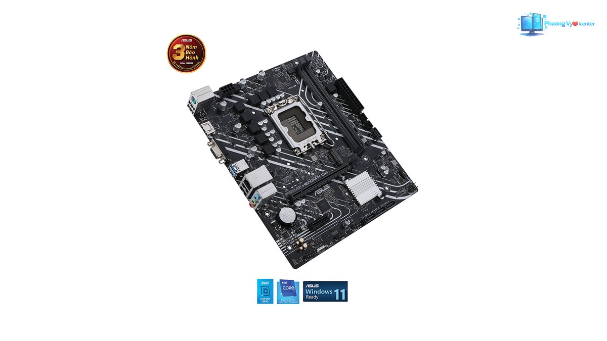 ASUS PRIME H610M-K D4 chụp nghiêng, thấy socket CPU, khe RAM và các khe mở rộng