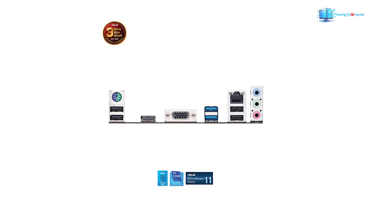 ASUS PRIME H610M-K D4 nhìn từ cạnh kết nối, thấy USB, HDMI, VGA, mạng và âm thanh