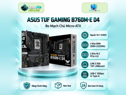 Bo mạch chủ ASUS TUF GAMING B760M-E D4 đặt trên đế tròn với nền công nghệ