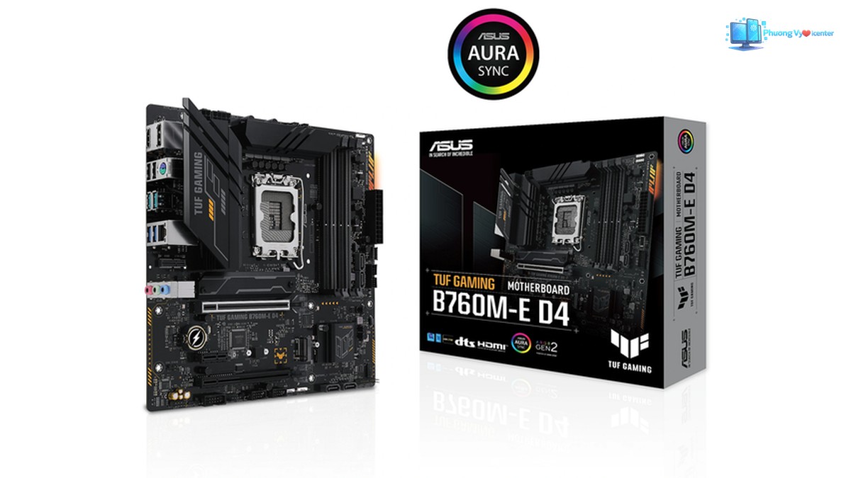 ASUS TUF GAMING B760M-E D4 đặt cạnh hộp sản phẩm trên nền trắng