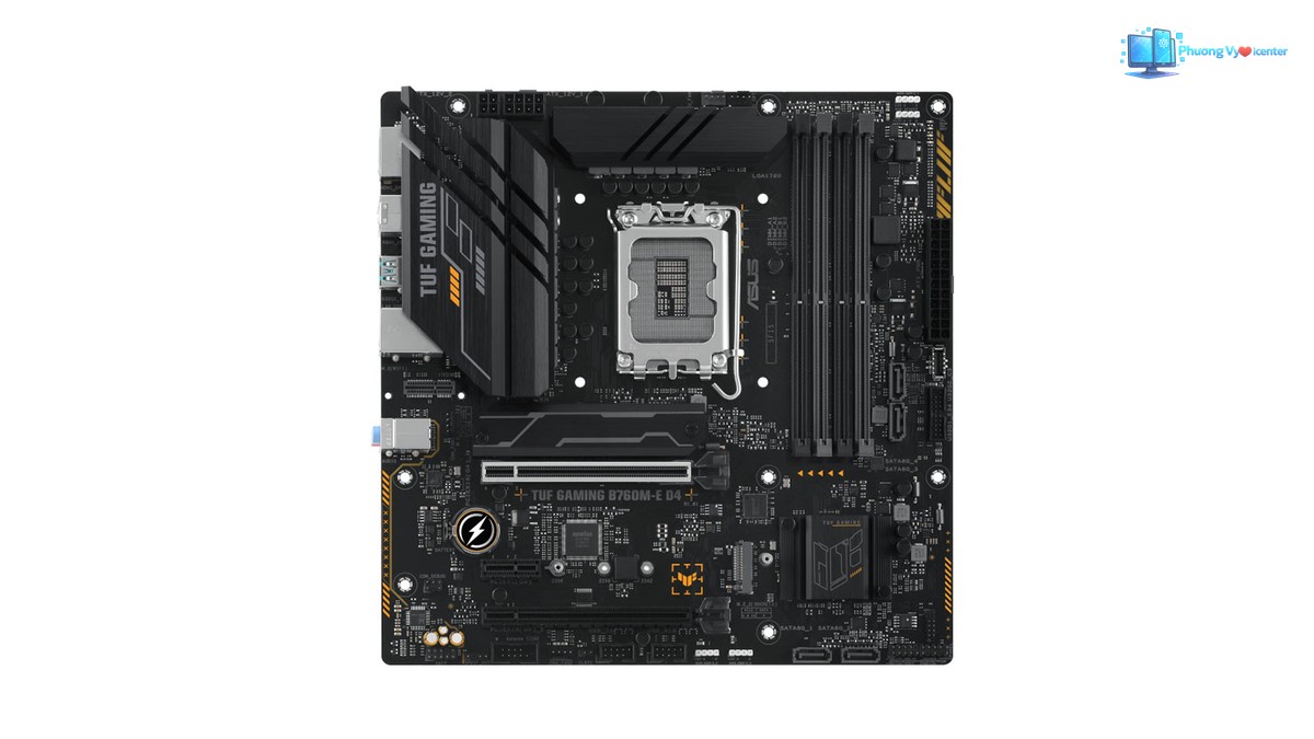ASUS TUF GAMING B760M-E D4 ở góc thẳng, thấy socket CPU, khe RAM và khe mở rộng