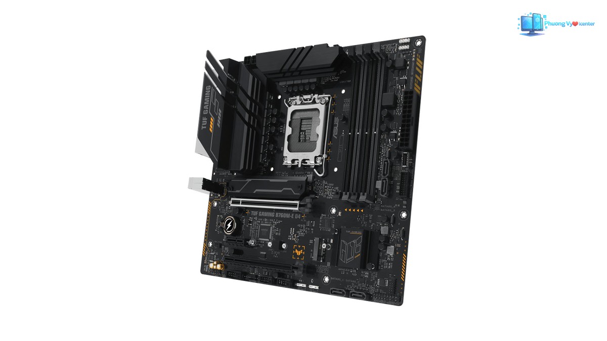 ASUS TUF GAMING B760M-E D4 nhìn nghiêng, thấy socket CPU, khe RAM và tản nhiệt