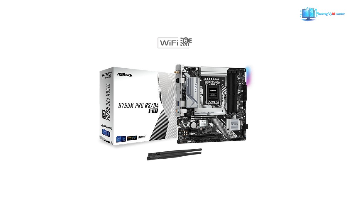 Bo mạch chủ cạnh hộp B760M Pro RS/D4 WiFi và hai ăng-ten rời.