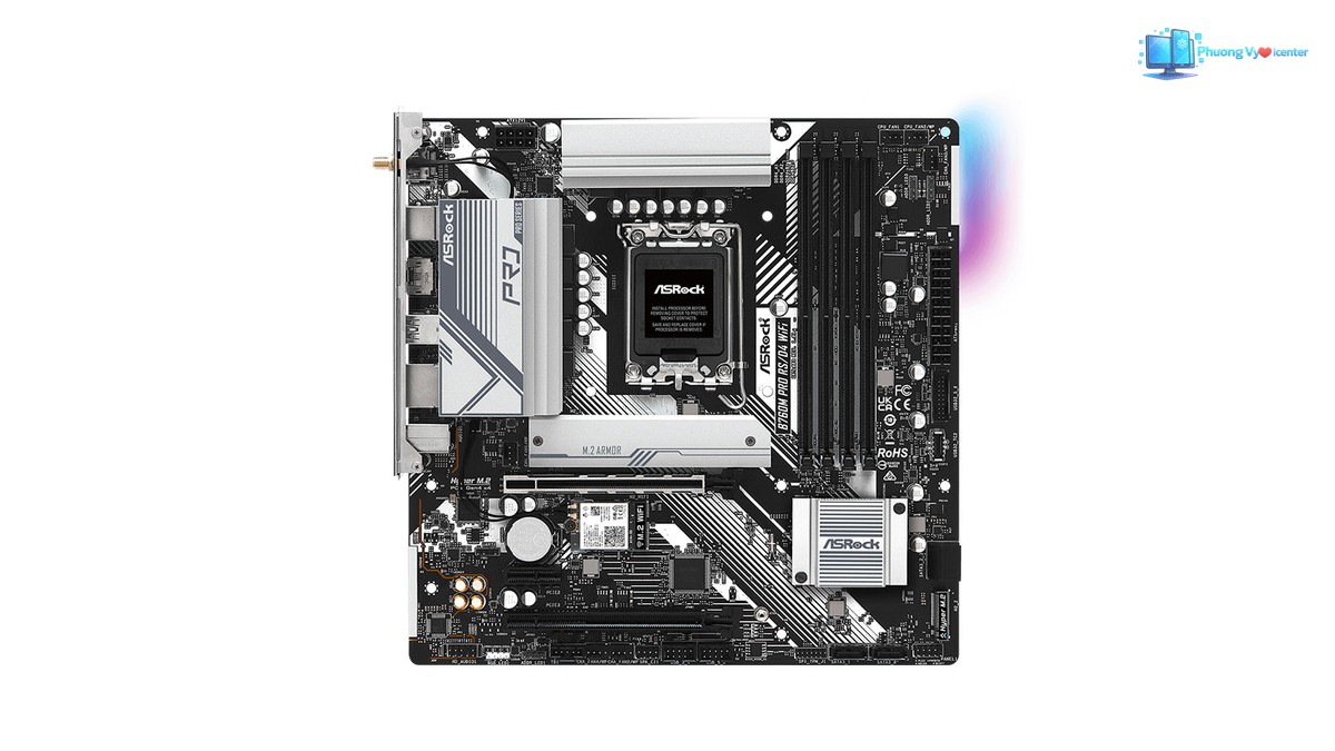 ASRock B760 Pro RS/D4 nhìn từ mặt chính, thấy socket CPU, khe RAM và khe mở rộng