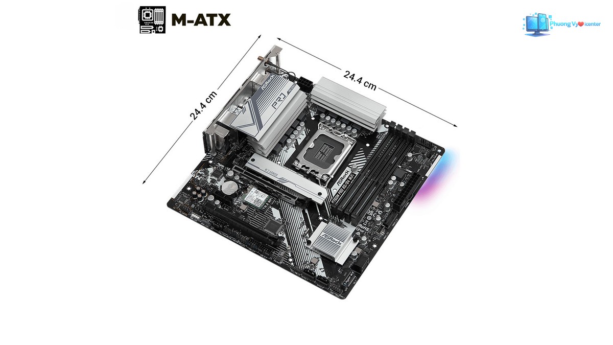 Bo mạch chủ chụp nghiêng, có chú thích M-ATX và đường đo kích thước hai cạnh.