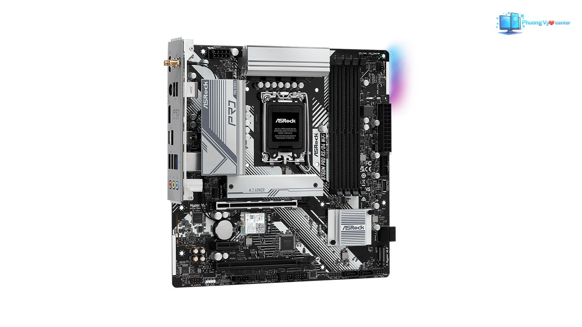 ASRock B760 Pro RS/D4 chụp nghiêng, thấy mặt chính và cụm cổng kết nối bên trái