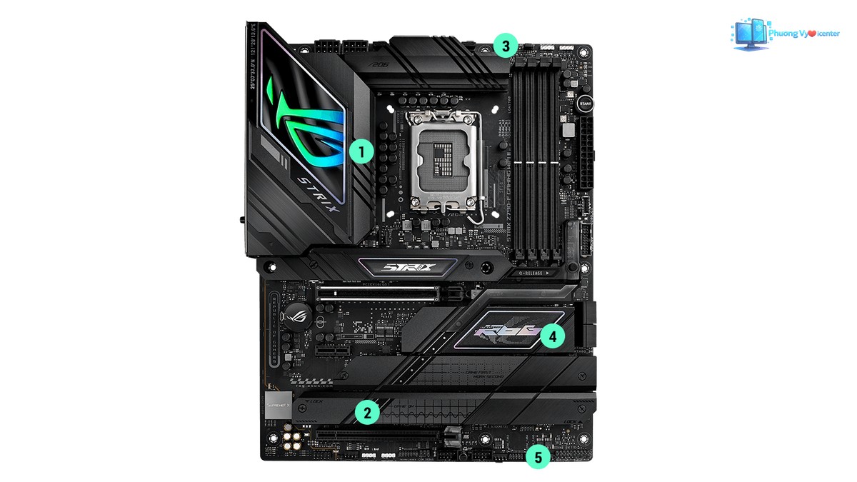 ASUS ROG STRIX Z790-F GAMING WIFI II với sơ đồ bố trí các khu vực linh kiện và khe cắm